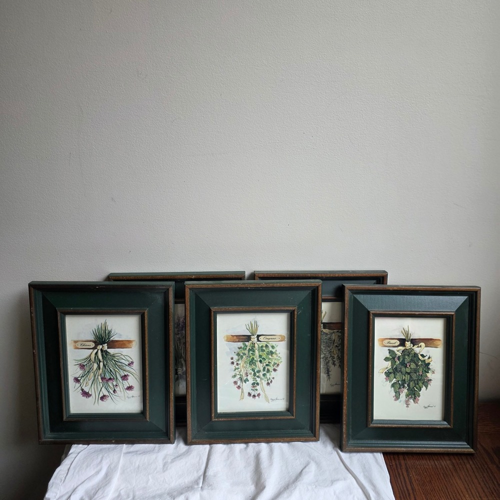Vintage Peggy Abrams Signed Herb Botanical Prints Set of 5 Green Frames 11x9